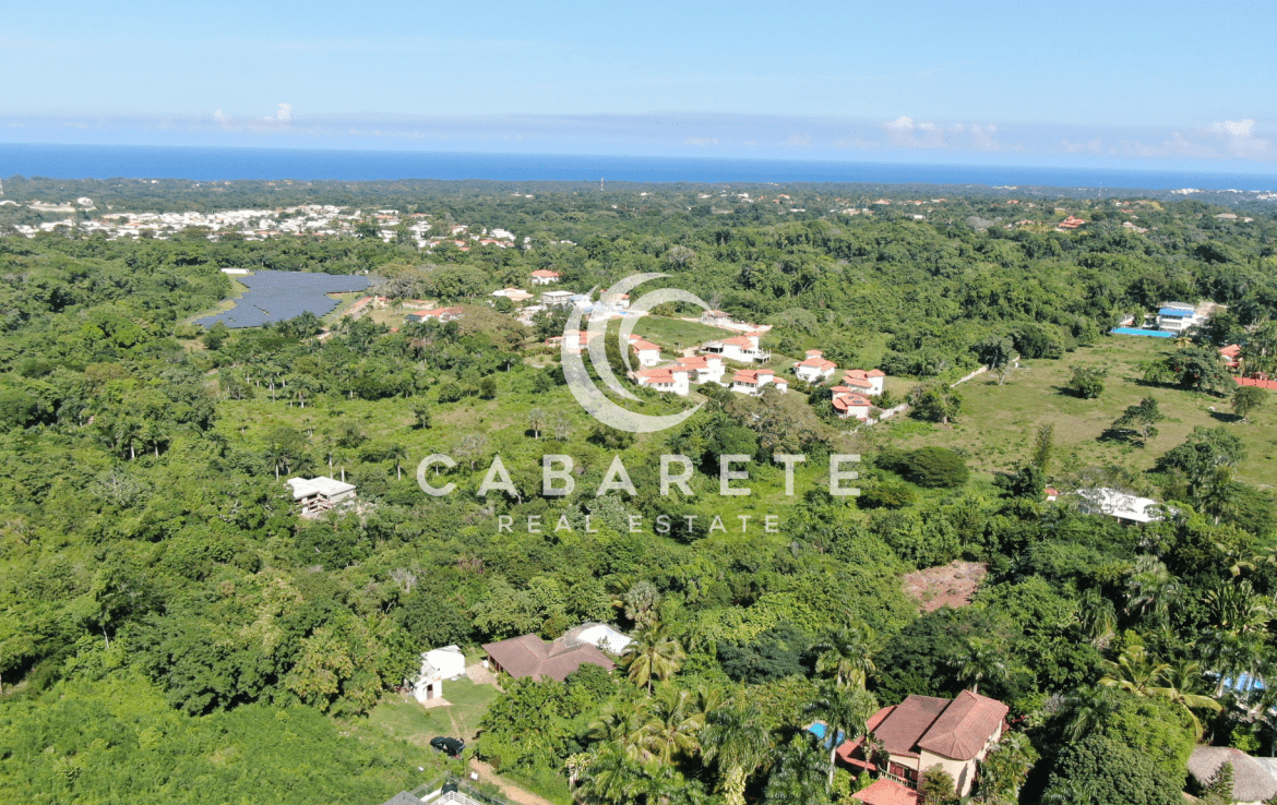Clear, flat land plot for sale in a secure gated community, with a few palm trees and blue skies above.