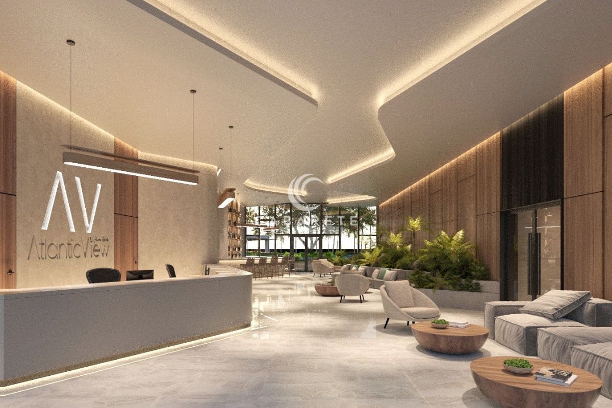 Atlantic View Residence, a luxurious beachfront property in Cabarete, boasts a welcoming lobby area with a reception desk
