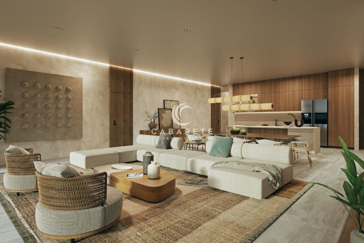 Atlantic View Residence, Punta Goleta, Cabarete, República Dominicana, ofrece un lujoso espacio vital con ventanales del suelo al techo y una decoración impresionante.