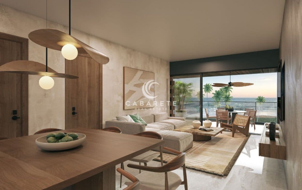 Atlantic View Residence in Punta Goleta, Cabarete, Dominican Republic boasts a luxurious living area that seamlessly extends onto a stunning beachfront terrace