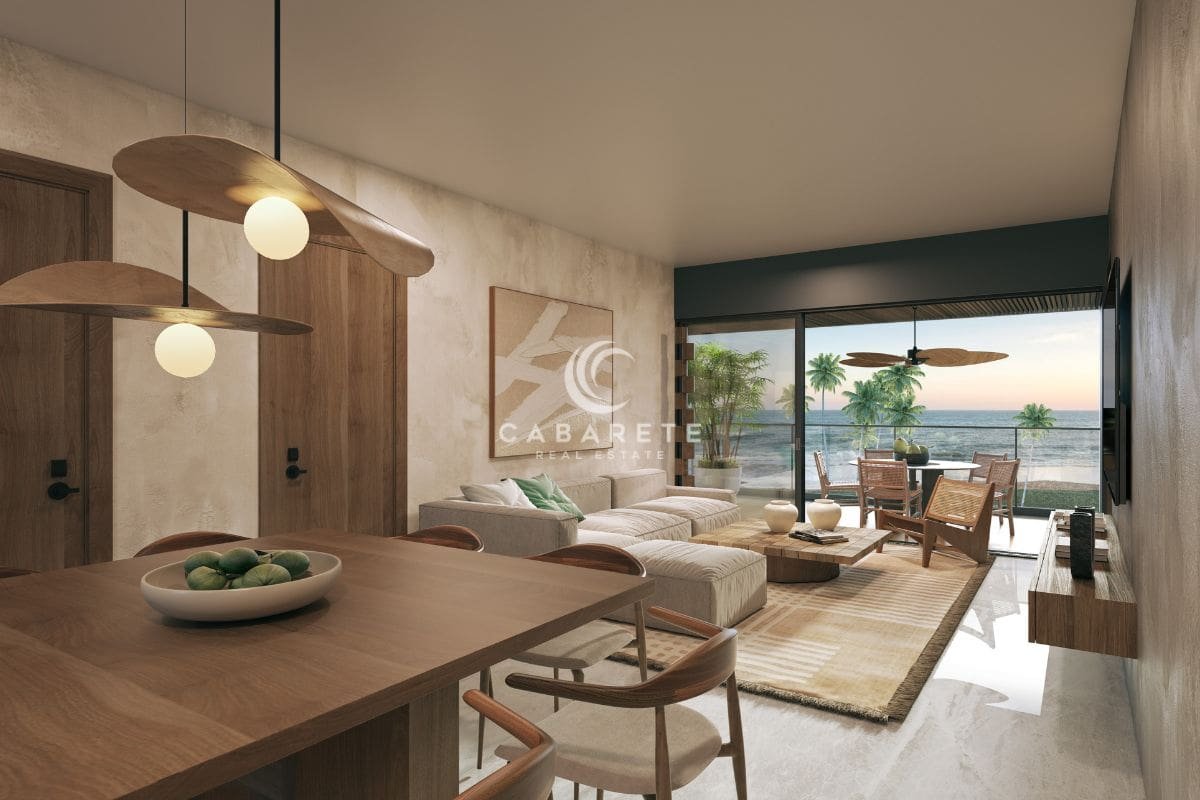 Atlantic View Residence in Punta Goleta, Cabarete, Dominican Republic boasts a luxurious living area that seamlessly extends onto a stunning beachfront terrace