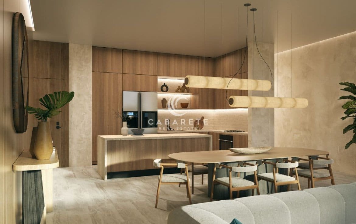 Atlantic View Residence in Punta Goleta, Cabarete, Dominican Republic features a light and airy dining area with a soft colored kitchen