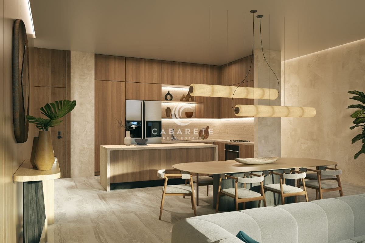 Atlantic View Residence in Punta Goleta, Cabarete, Dominican Republic features a light and airy dining area with a soft colored kitchen