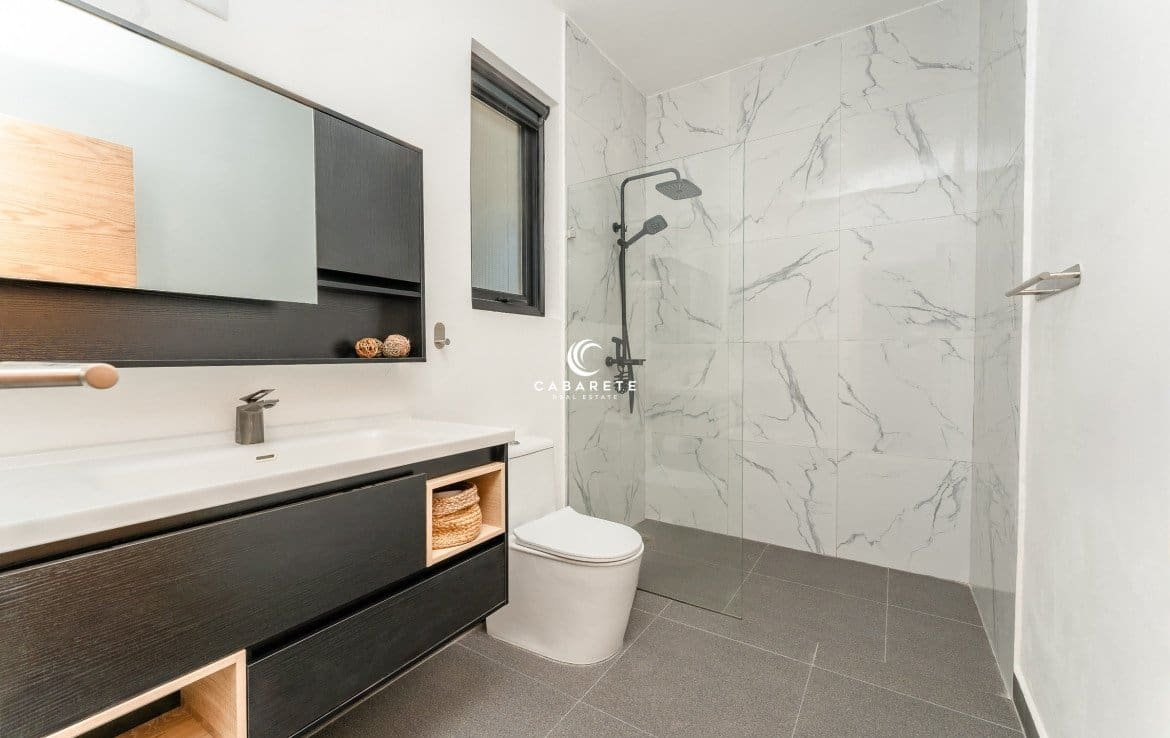 Modern bathroom with a walk-in shower, a vanity, and a toilet.