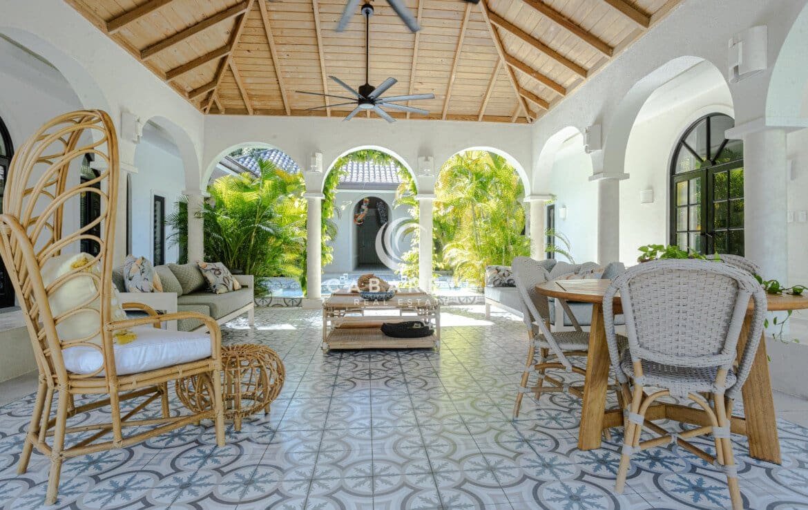 Outside seating area looking at house