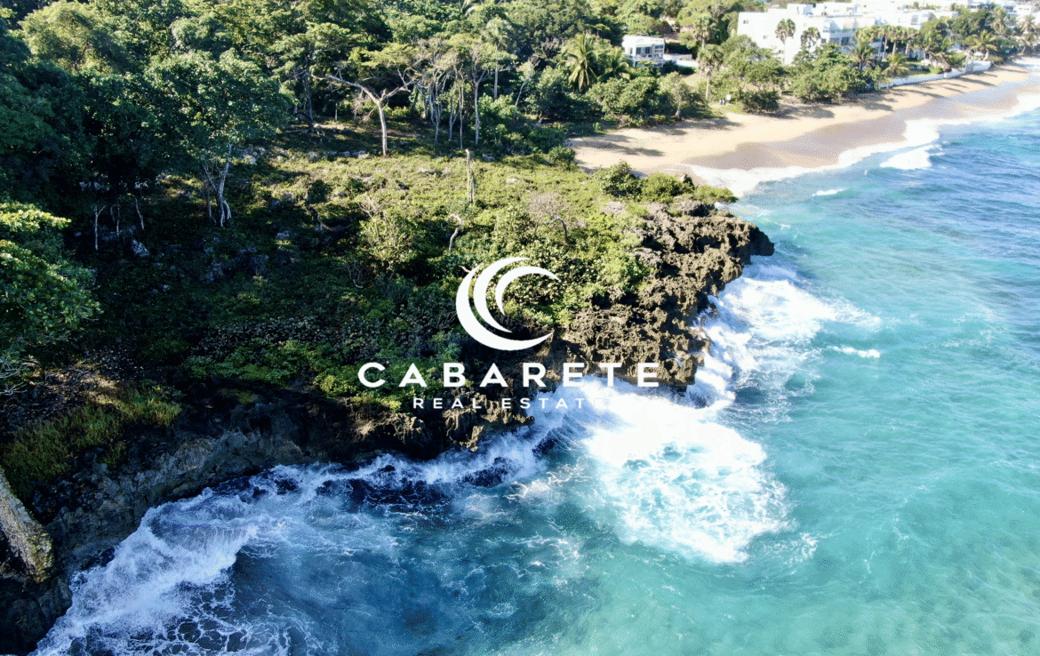 Aerial view of Playa Laguna’s beachfront land with ocean waves and tropical greenery
