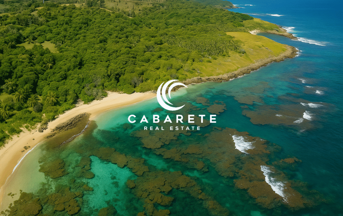Wide aerial view of untouched beachfront land on the Dominican Republic’s northern coastline