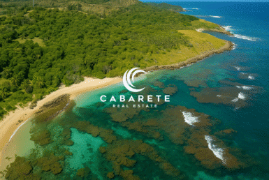 Wide aerial view of untouched beachfront land on the Dominican Republic’s northern coastline