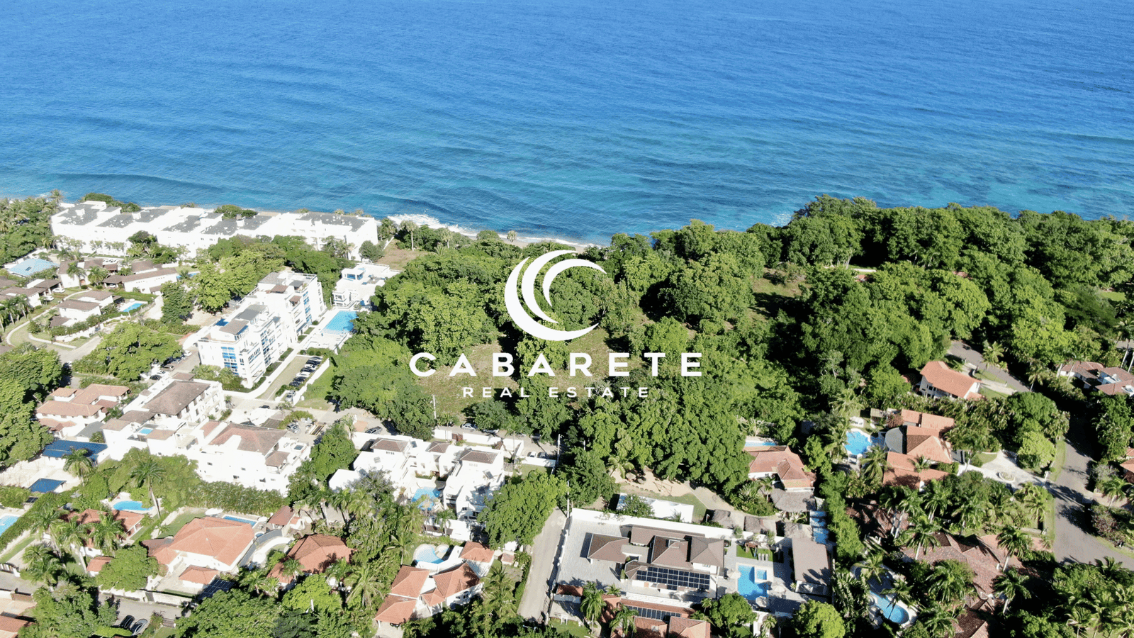 Wide view of undeveloped beachfront land with palm trees and blue Caribbean waters