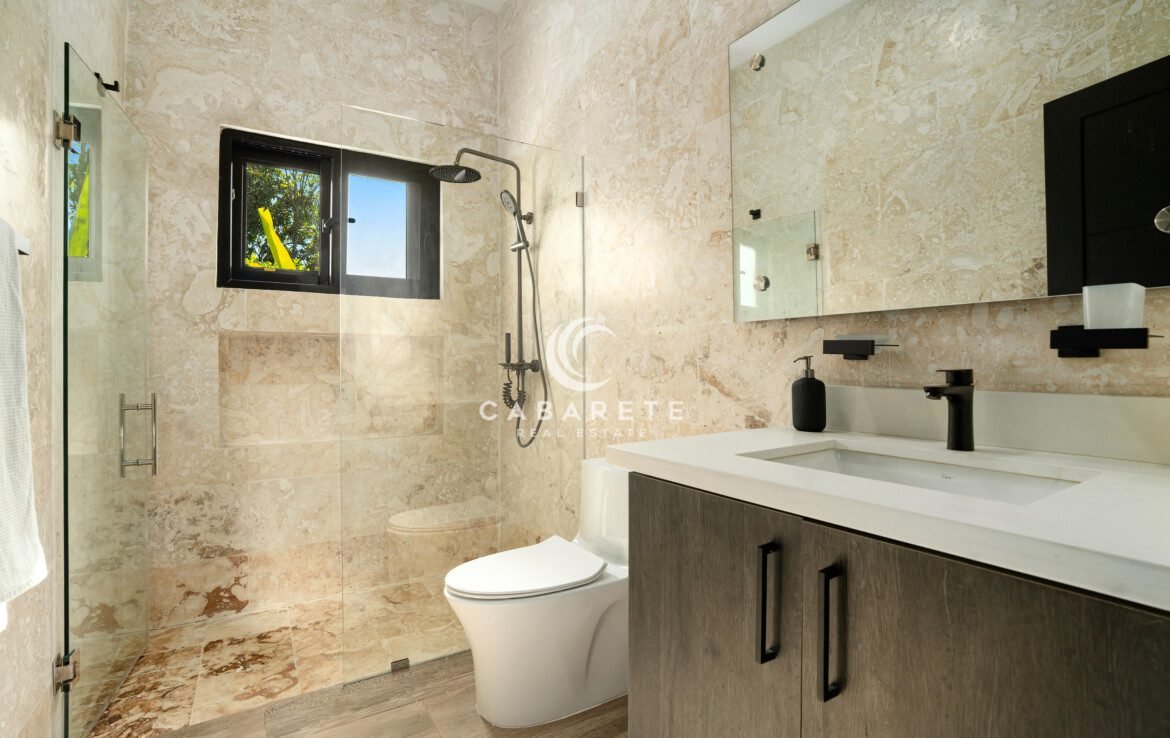 modern bathroom beige stone tiled shower rainfall showerhead