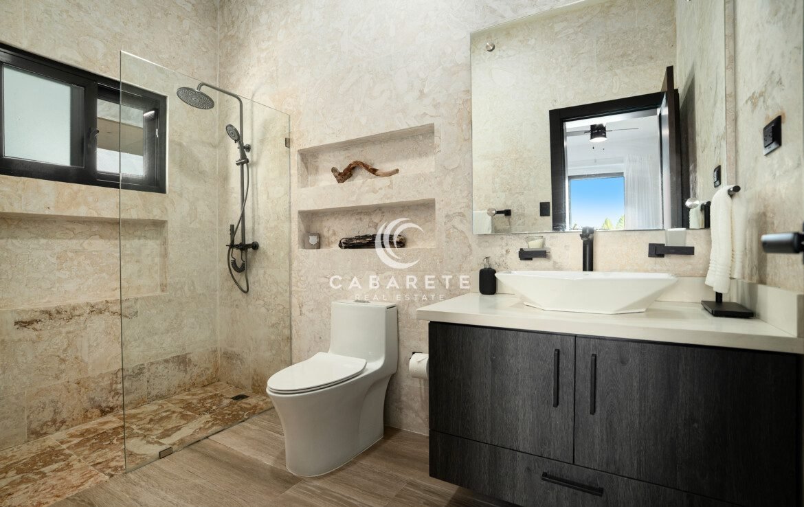 modern bathroom glass shower beige marble black fixtures