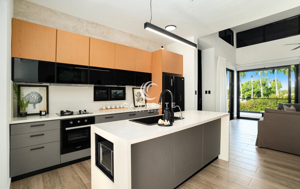 modern kitchen matte gray island wood glossy cabinets living area