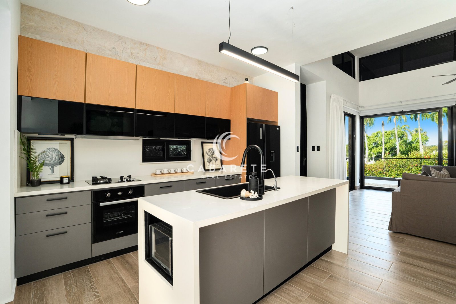 modern kitchen matte gray island wood glossy cabinets living area