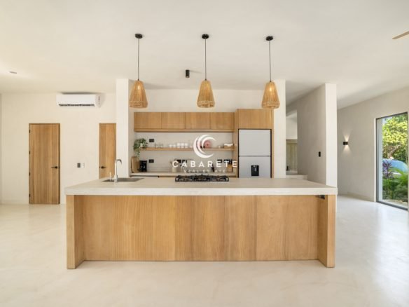 Contemporary kitchen with large island in luxury Cabarete villa