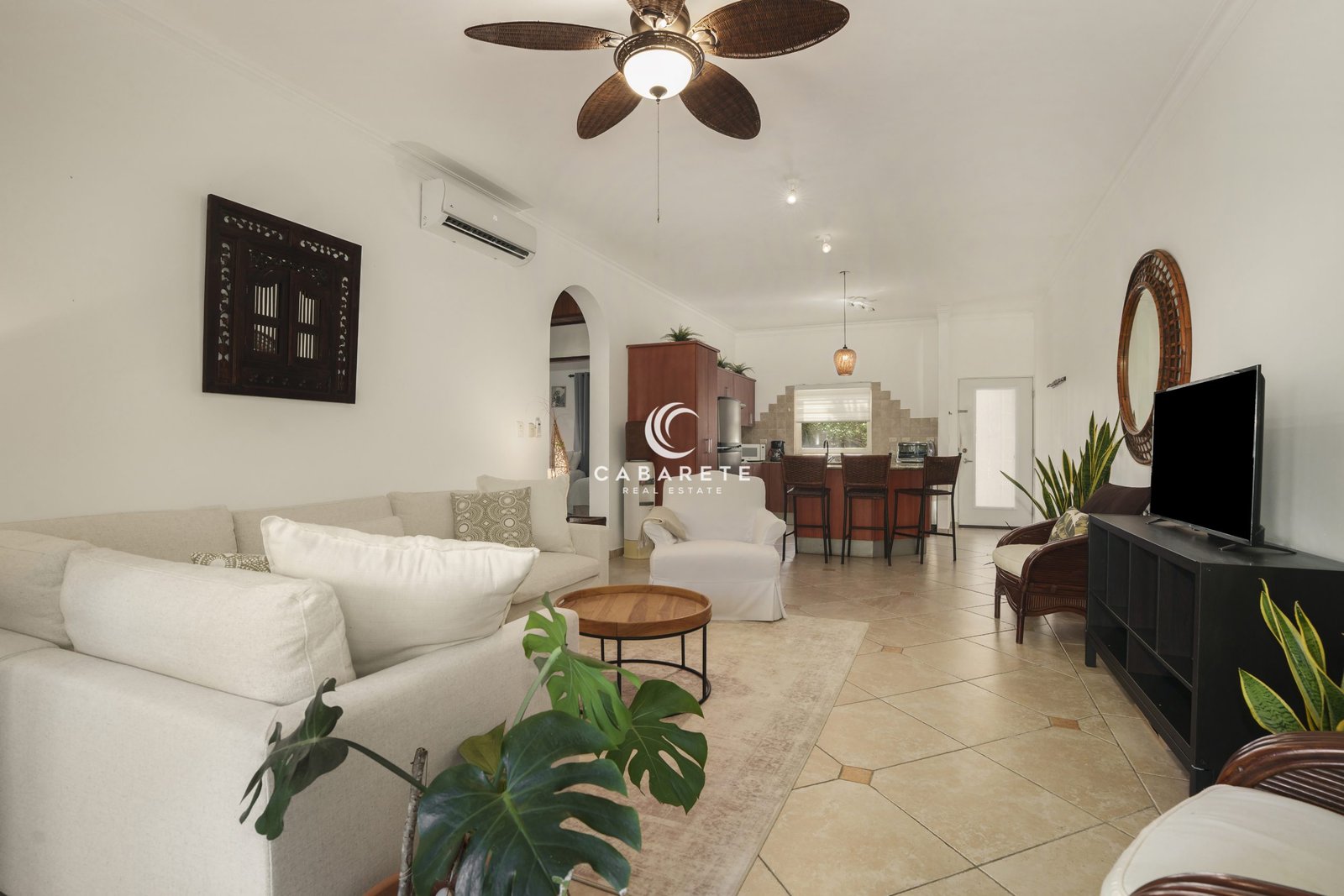 Spacious living and dining area in furnished Ocean Dream Cabarete condo
