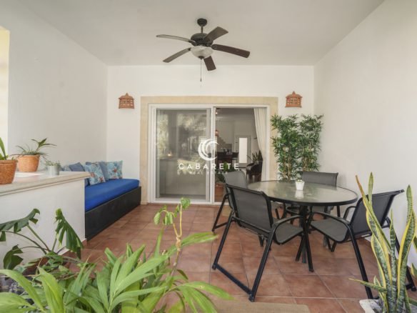 Private covered terrace facing tropical gardens at Ocean Dream Cabarete